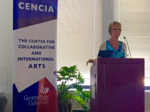 A picture of Diana McDonough speaking at the Center for Collaborative and International Arts.